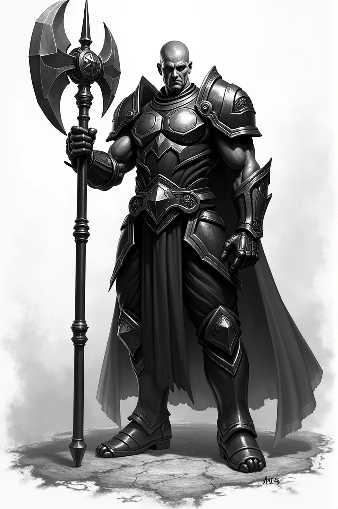 Create a black and white drawing of the League of Legends character Darius, with an imposing posture and highlighting his axe 