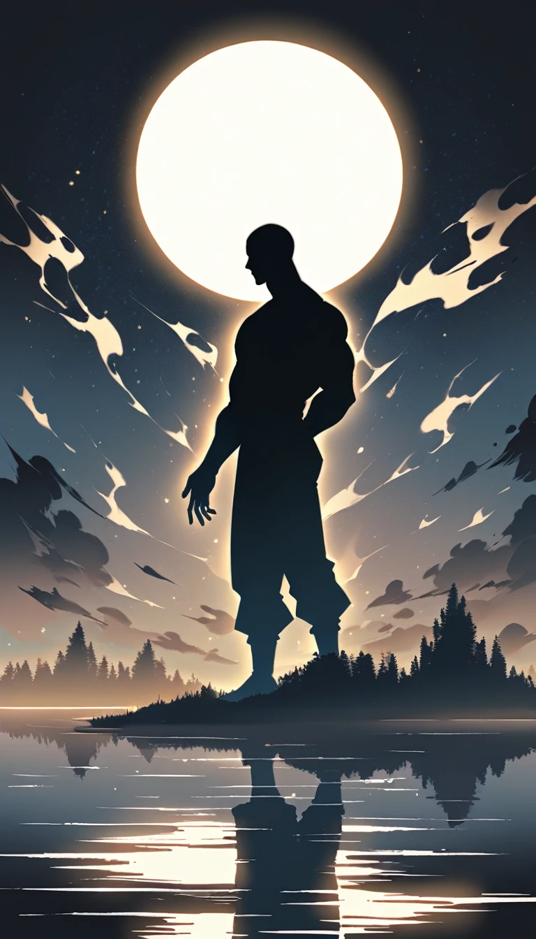 A Strong Buddhist muscular man stands in the smoke, Black jumpsuit, Very tight, Silhouette effect, Tall muscular man, Priapus, Dark Black, Dark black skin, Buzz Cut, His muscles are very developed, Very tall, short hair, Blend into the smoke, Lake, Reflection, Stars, moonlight, Big Moon, Man silhouette, Chinese, black and white, Simple style