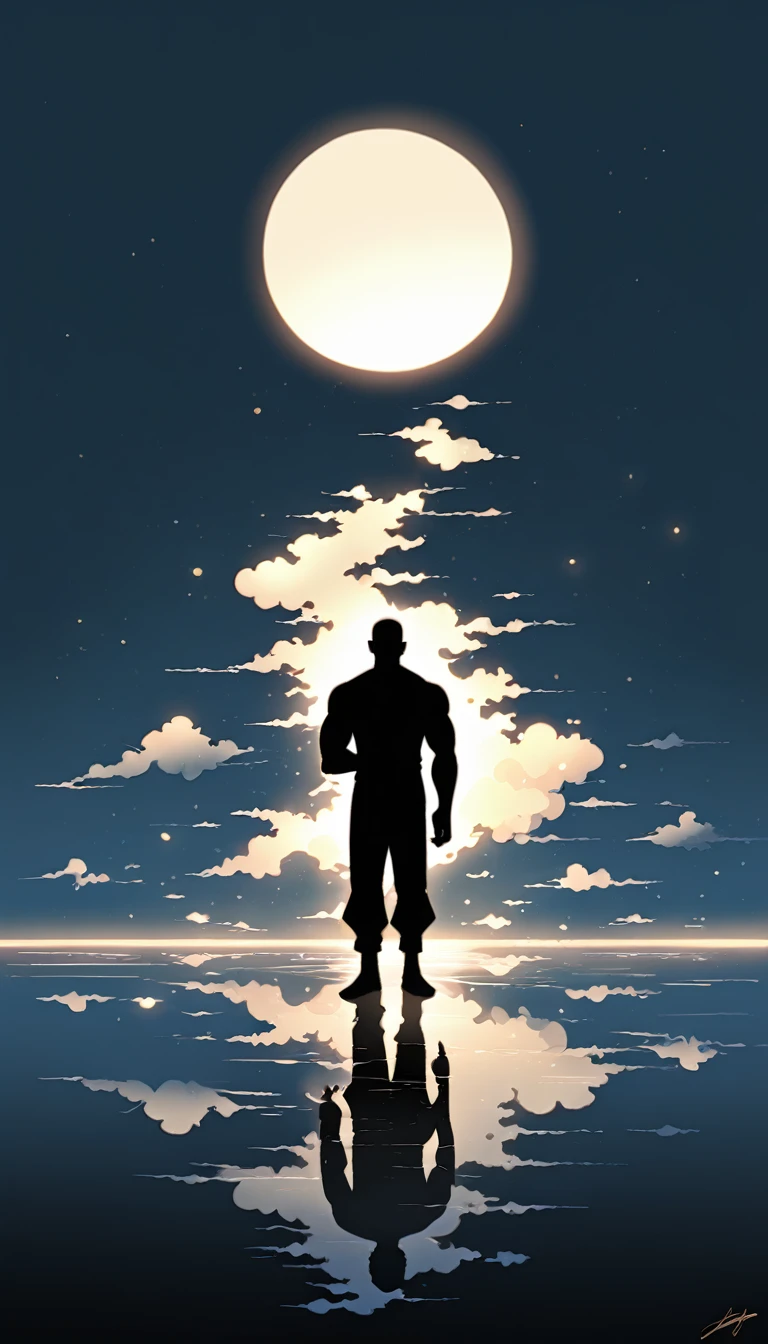 A Strong Buddhist muscular man stands in the smoke, Black jumpsuit, Very tight, Silhouette effect, Tall muscular man, Priapus, Dark Black, Dark black skin, Buzz Cut, His muscles are very developed, Very tall, short hair, Blend into the smoke, Lake, Reflection, Stars, moonlight, Big Moon, Man silhouette, Chinese, black and white, Simple style
