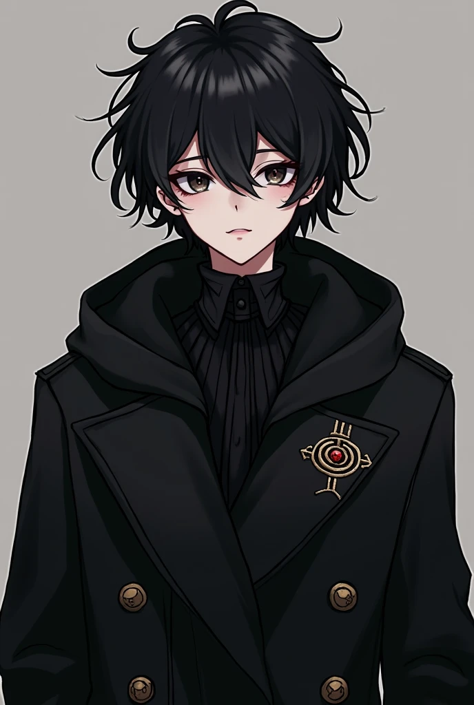 A character in the style of paranormal order, Trans man, shorth hair, but at neck height, he is very effeminate, He has 1,50 tall, dark eyes and black hair and he wears a black overcoat, that coat has a hood, it&#39;s a gothic type overcoat, but simple, curly hair, on the coat there is a little eye with a red pupil and it is on the left and it is small, inside he wears a black blouse with a high collar, curly hair, he has a little dark circles, he has a fringe on his right eye. And his name is Eliot Orpheus, não esquece a franja do curly hair, the fringe is on the right.

