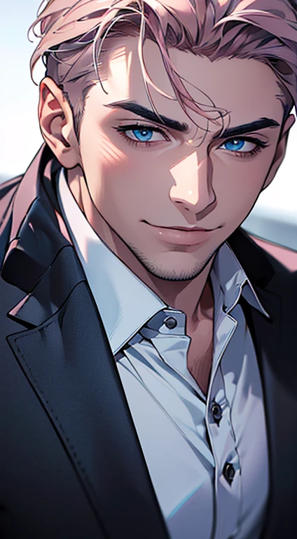 (best quality,4k,8k,highres,masterpiece:1.2),ultra-detailed,(realistic,photorealistic,photo-realistic:1.37),1 man,3,mature man,very handsome,without expression,smile,short grey pink hair,blue eyes,penetrating gaze,perfect face without errors,imposing posture,businessman,office background,cinematic lighting,hdr image