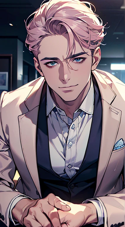 (best quality,4k,8k,highres,masterpiece:1.2),ultra-detailed,(realistic,photorealistic,photo-realistic:1.37),1 man,3,mature man,very handsome,without expression,smile,short grey pink hair,blue eyes,penetrating gaze,perfect face without errors,imposing posture,businessman,office background,cinematic lighting,hdr image