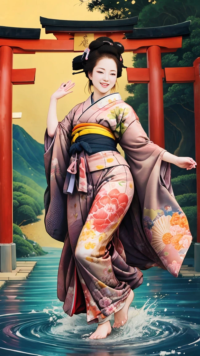 (SeaArt、I create amazing digital illustrations of beautiful women in kimonos)、Beautiful woman smiling and showing her upper white teeth、Vividly colored Ukiyo-e style illustrations、Brown-black long hair、Beautiful full body style、If you want to dance, Dance to the Tokyo Ondo, Good good、Beautiful new digital paintings,、 Bright and vibrant digital anime art、Beautiful anime portraits、Background、Torii gate of a Japanese shrine.、Detailed digital anime art、