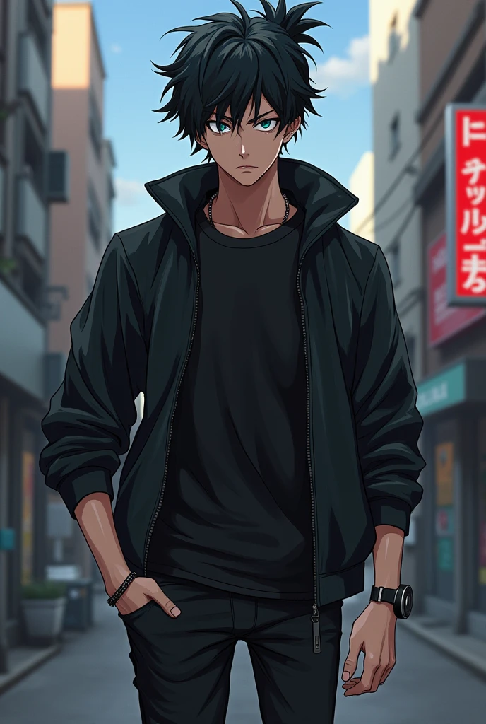 Male character type boku no hero with black and messy hair with a small bun in the back dressed in a tight black t-shirt and a black jacket over it and black pants and black sports shoes with white details with a slim but muscular body and blue eyes