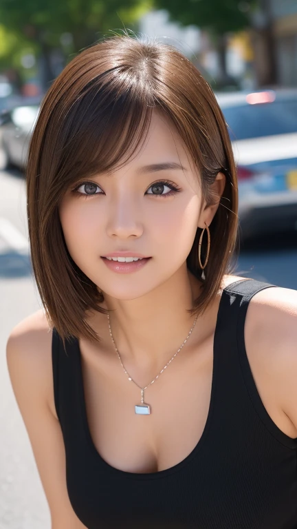 high quality、masterpiece、High resolution、1 female、necklace、gem、Earrings、Beautiful Face、Body Up、Tyndall effect、Realistic、Rim Light、Two-tone lighting、(High resolutionスキン:1.2)、8K UHD、Digital SLR、Soft lighting、high quality、Volumetric lighting、photograph、High resolution、4K、8k、Brown haired woman、Adult、Small eyes、Perfect Mouth、Highly detailed eyes and mouth、Black natural eyes、Pure brown hair color、Lol、Caucasian skin color、White shirt and random color tank top、Hair quality and shine、street、town、road、congestion、Lol顔,Upper teeth0(Black tank top)