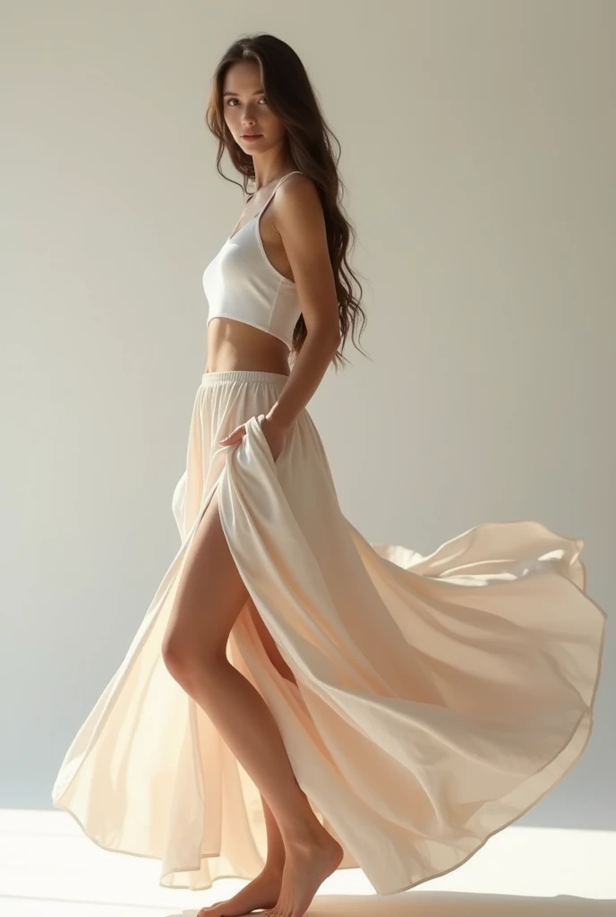 A woman in a skirt with her legs open