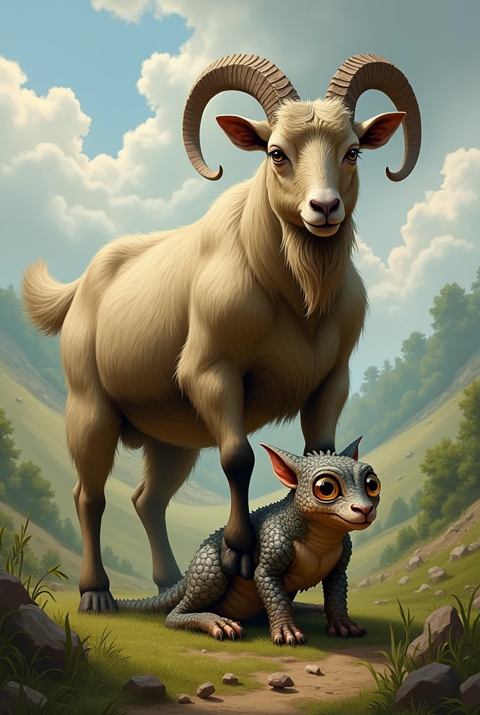 Goat treading on a baby Alcon