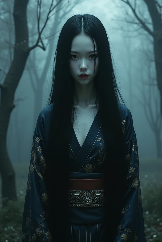 dark techno,cyberpunk,「A realistic depiction of a Japanese goddess, 不気味な美しさとAnxious存在感を醸し出す. She is elegant, pale, Perfect skin and long, Flowing black hair that blends in with the surrounding shadows. Her kimono is exquisitely crafted down to the last detail., dark, Calming deep blue and black tones, Delicately decorated, Ominous patterns suggesting a connection to the supernatural. Her eyes are captivating, with a cold, A distant gaze that hints at ancient, mysterious powers. The setting was foggy, Ancient forest or shrine, A place with an oppressive atmosphere and an unknown sensation.. soft, 薄dark光が木々Plug in from between, It casts an eerie shadow around her, almost as if she were alive.. The overall scene is striking yet beautiful., Capturing the essence of a captivating and fearsome goddess, Rooted in Japanese tradition、Anxious, Otherworldly aura.&References;Make the whole body visible, More realistic, With three eyes