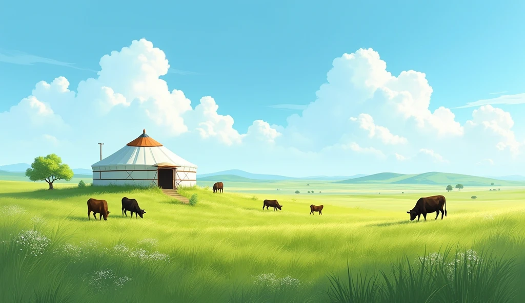 Green savannah,The white yurt is small in the distance,There are herds of cows grazing nearby,The blue sky is full of white clouds,Illustration texture