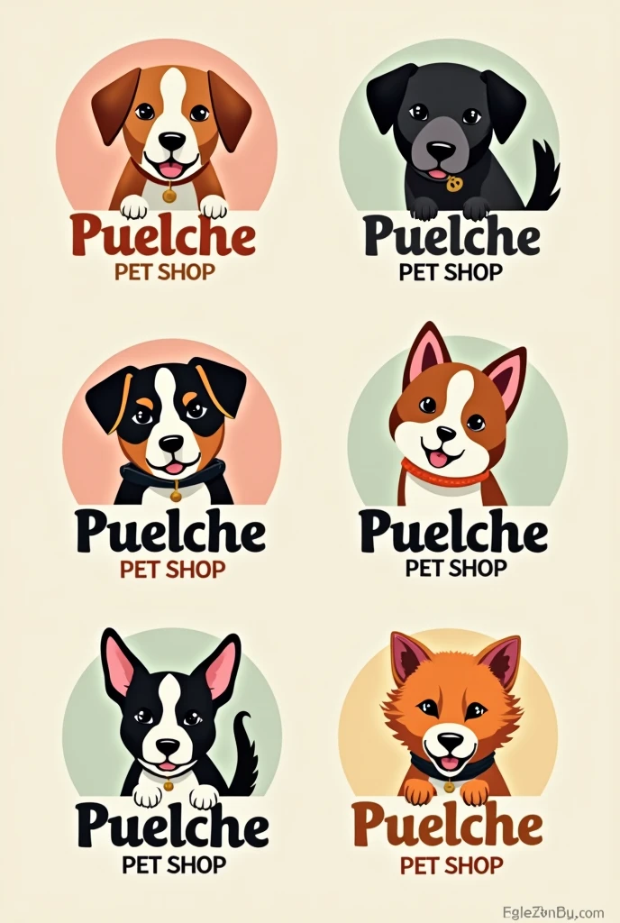 create a large image with six diferent logos for a pet food for dogs and cats store, use vibrant but elegant colors combination, the company is called Puelche pet shop, put both a cat and a dog into each of the six logos, make whatever you think is better to create 6 amazing logos, please try one different font family for each of the six logo, it should be a larga image with six diffetent logos and styles
