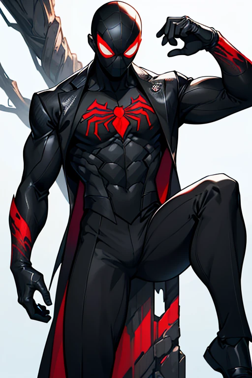 Spiderman, Symbiotic black suit ((Symbiomte)), White color sustrado alrededor del antifaz ((mixed with the black color of the suit, place of the head (mascara))), in the place of hands (gloves) Red color ((mixed with the black of the suit, by the forearm)), in the foot area (part of the suit) Red color ((mixed with the black of the suit, by the legs)), symbol de araña Symbiomte en el pecho ((symbol, White color)) Blending in with the black of the suit part of the chest, man