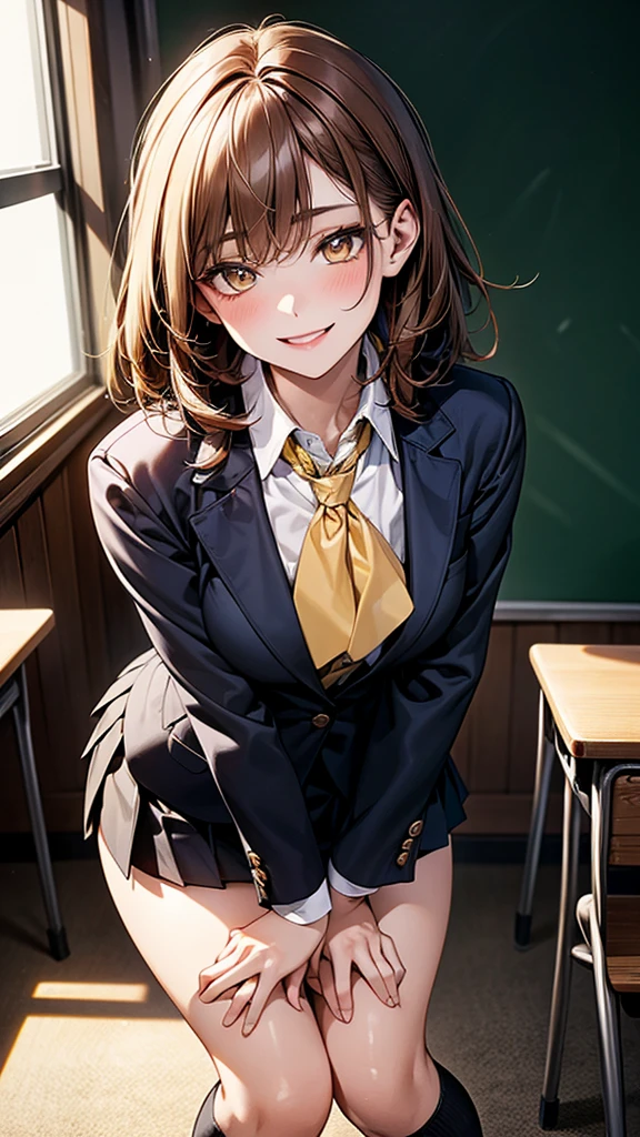 4K resolution,((Highest quality)),Ultra-high resolution,young woman, alone, sexy, (A fleeting smile), (Pale yellow eyes), Beautiful and symmetrical face, (Brown set medium hair),Blazer uniform,Dress shirt,Pleated mini skirt,Knee-high socks,Realistic:1.4,Realistic:1.4,(masterpiece:1.2),Perfect Eyes,Perfect Eyes,Perfect Legs,classroom,（Fellatio gestures:1.1）,（Open your mouth:1.2）