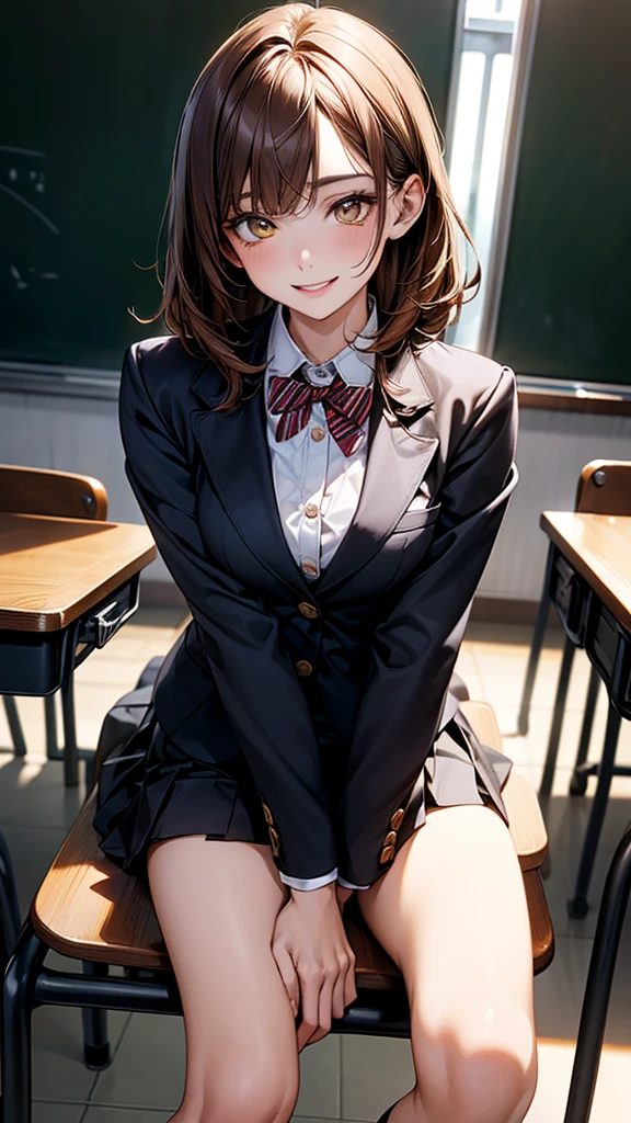 4K resolution,((Highest quality)),Ultra-high resolution,young woman, alone, sexy, (A fleeting smile), (Pale yellow eyes), Beautiful and symmetrical face, (Brown set medium hair),Blazer uniform,Dress shirt,Pleated mini skirt,Knee-high socks,Realistic:1.4,Realistic:1.4,(masterpiece:1.2),Perfect Eyes,Perfect Eyes,Perfect Legs,classroom,（Fellatio gestures:1.1）,（Open your mouth:1.2）