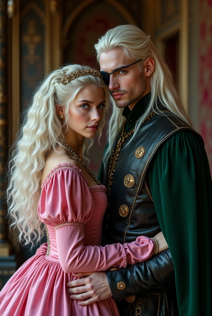 Create a very beautiful young girl with long, curly, platinum blonde hair/white and she has violet eyes and she will be wearing a pink velvet medieval dress, she will be with a man, a tall handsome young man with very long straight platinum hair and he wears a black eye patch and he will be wearing a dark green leather medieval outfit and they are together in a medieval room