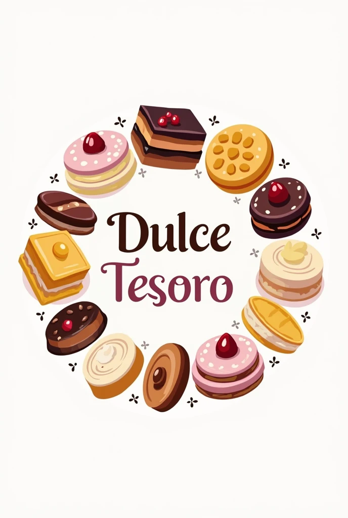 A logo for my dessert business called Dulce tesoro. I want it to be lilac, yellow and white. Have brownies, chocoflan, cakes, cookies, etc. It's for my Instagram profile picture so it's circular with the name
