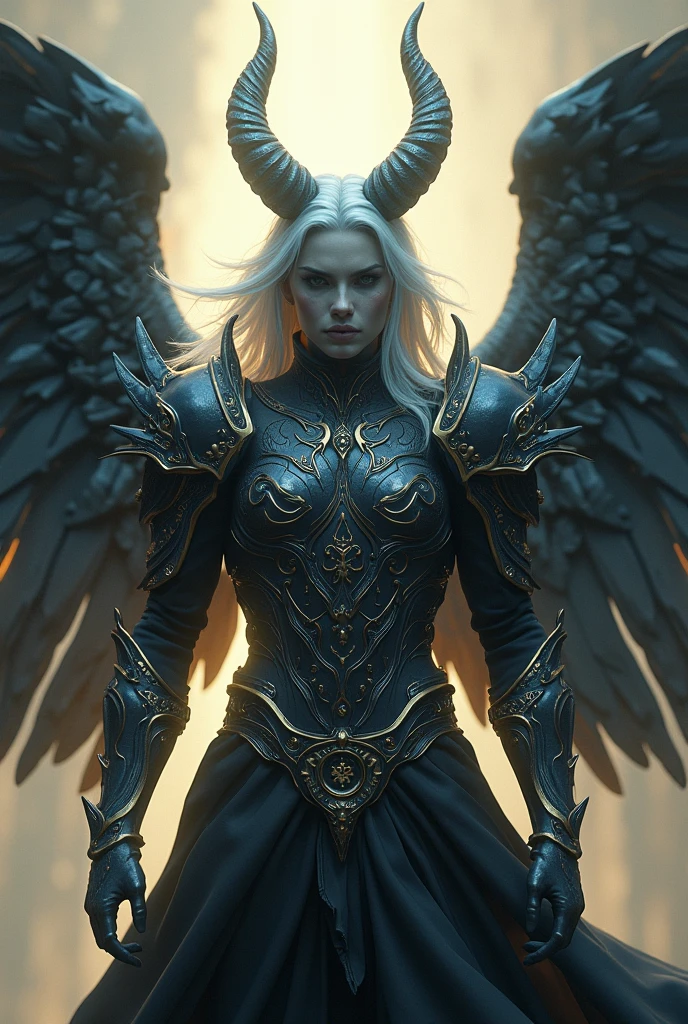 A hybrid between a demon and an angel where his hair is white with black and he has angelic and demonic armor.
