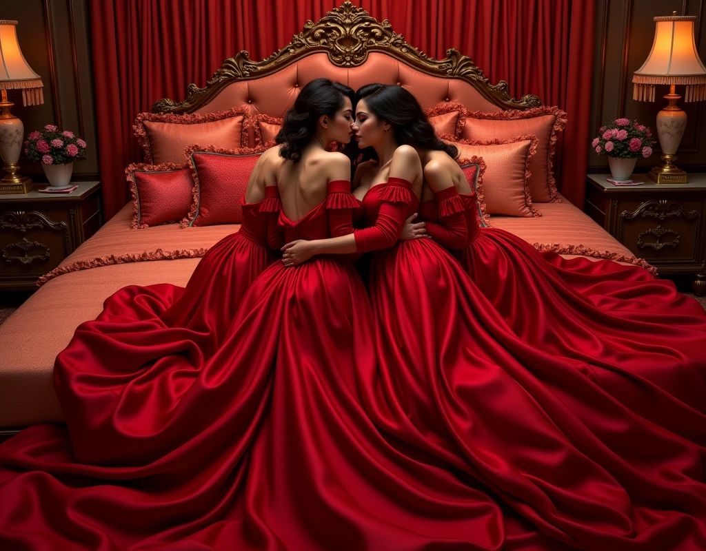 highest quality, masterpiece, highest resolution, artwork, super それにget used to it, many get used to it, get used to it, それにget used to it,((top view angle shows red satin silk mattress)),love,romantic,two woman,two woman kissing each of their partners,((red satin elegant dresses with a large and long skirt surrounding and covering the mattress like a satin blanket)),red satin evening dresses, ((Gorgeous goddess rococo robe satin dress with voluminous full-length hoop skirt)),long sleeve,long dress,A dress with full silk fabric...,luxury,((Palace full red satin bedroom)),((huge satin bed)),Frilled silk red bedspread,many pillows on the bed,satin pillow with frills,((Four women kissed each other while lying wrapped in crimson satin dresses on the bed)),luxurious ruffled red curtains