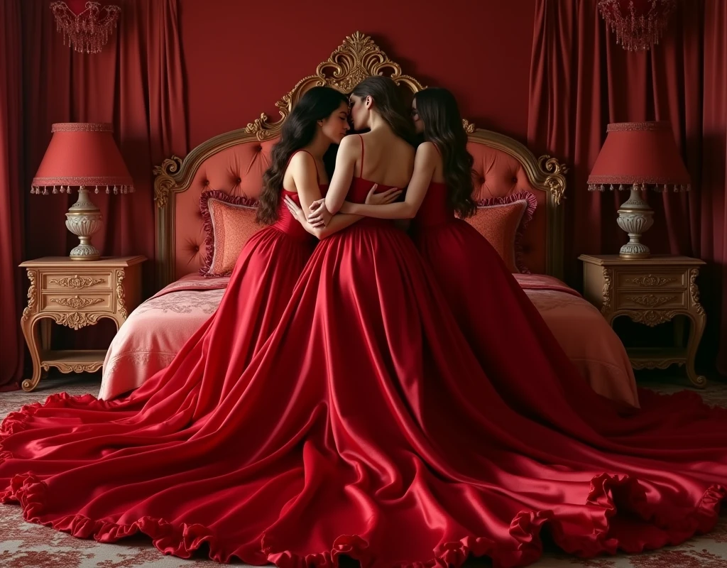 highest quality, masterpiece, highest resolution, artwork, super それにget used to it, many get used to it, get used to it, それにget used to it,((top view angle shows red satin silk mattress)),love,romantic,two woman,two woman kissing each of their partners,((red satin elegant dresses with a large and long skirt surrounding and covering the mattress like a satin blanket)),red satin evening dresses, ((Gorgeous goddess rococo robe satin dress with voluminous full-length hoop skirt)),long sleeve,long dress,A dress with full silk fabric...,luxury,((Palace full red satin bedroom)),((huge satin bed)),Frilled silk red bedspread,many pillows on the bed,satin pillow with frills,((Four women kissed each other while lying wrapped in crimson satin dresses on the bed)),luxurious ruffled red curtains