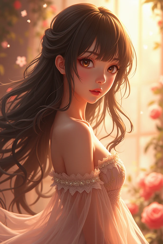 a beautiful anime girl, 1girl, detailed face, beautiful detailed eyes, beautiful detailed lips, extremely detailed eyes and face, long eyelashes, detailed intricate dress, long flowing hair, high quality, 8k, vivid colors, soft lighting, fantasy, digital art, cinematic composition, warm color palette, highly detailed