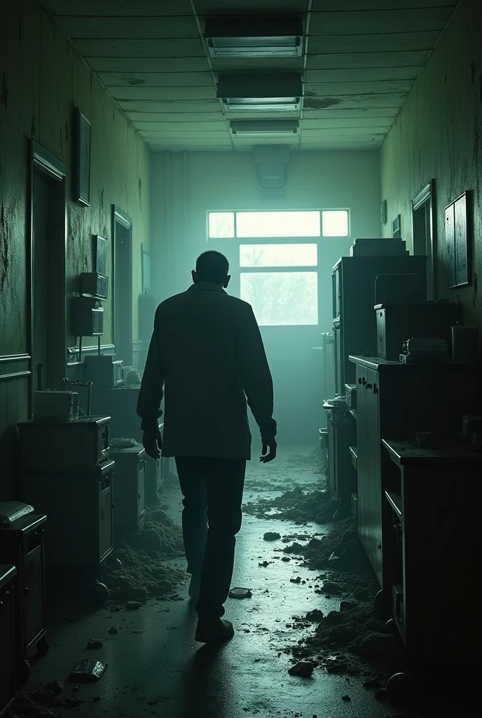 Abandoned hospital, man in a supply room
