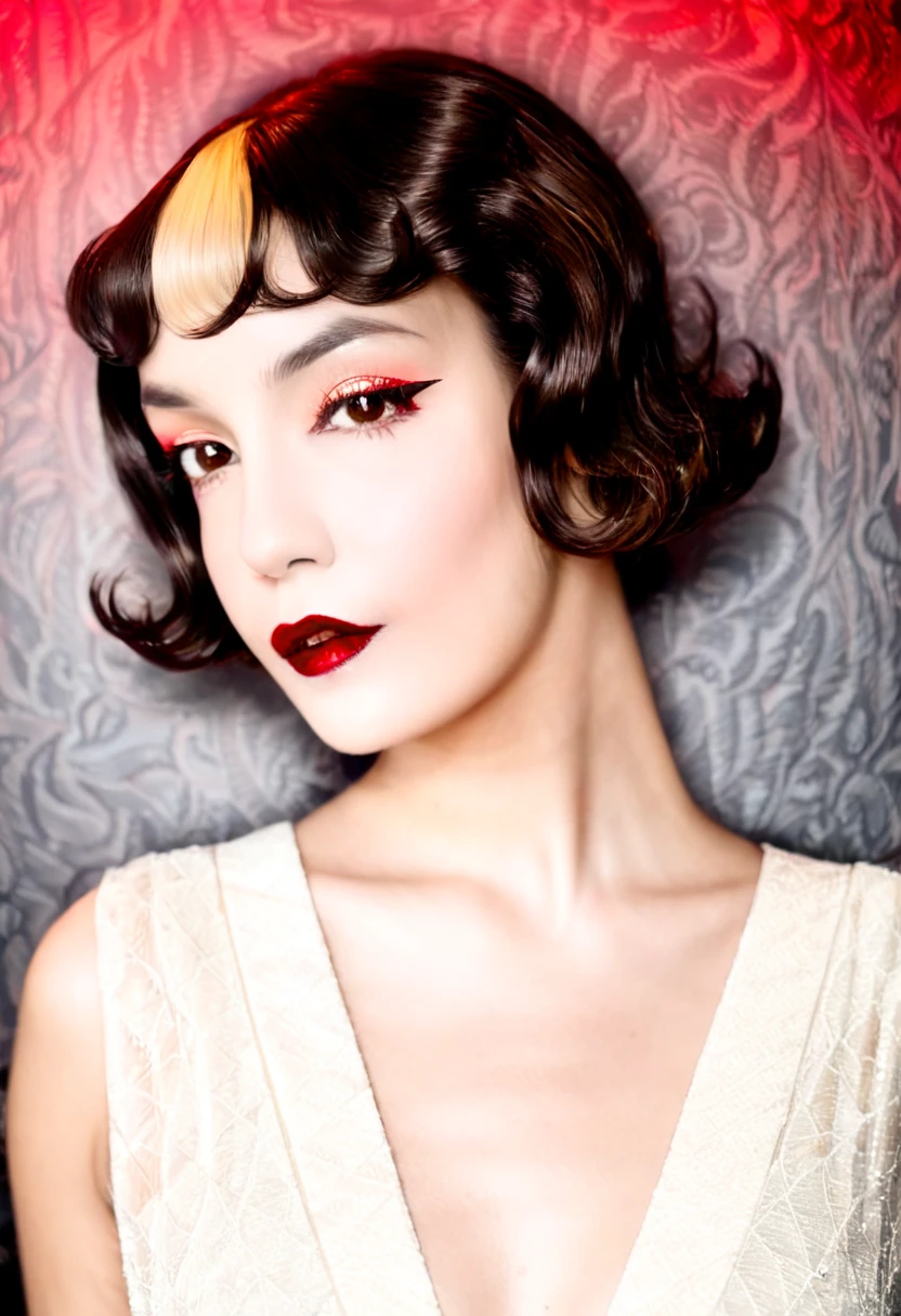 Photo noire et blanc, film noir style, Maginifique, 1fille, Seulement, demi-corps, Dramatic lighting, ((monochrome)), high contrast, ombres dramatiques, flapper 20s style, Mysterious, cinematic, Bright red lips (((Only lips red))), (looking at the viewer),
