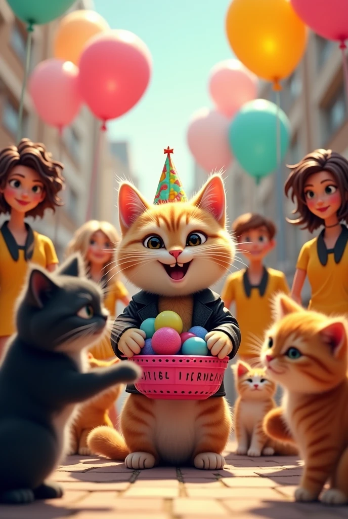 A cat at a 15th birthday party with a pink basket and balloons in her hand while smiling with 5 other cats ,two men and 3 women in black and yellow