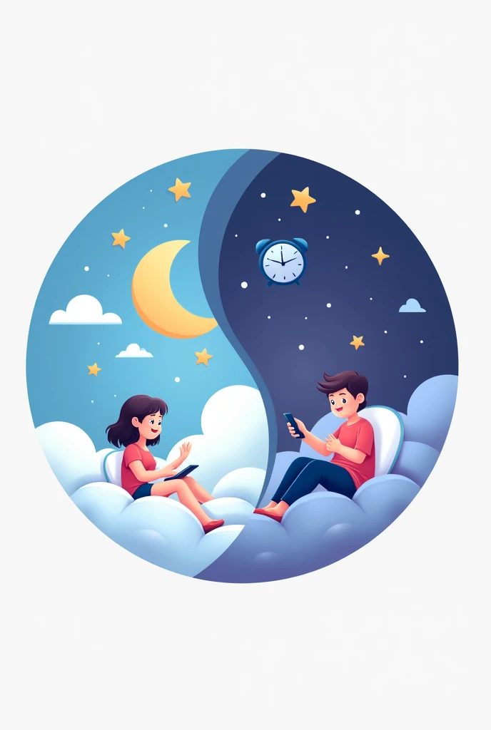 Logo Description:**
Design a logo in the shape of a split circle - **Half Dream:** Use soft colors like light blue and purple, with elements like stars, clouds and a moon.
-Half Realistic: Use solid and contrasting colors. Includes representative elements such as a clock, a bed, and a child using a cell phone. The transition between the two halves should be smooth..

title: Dream vs reality
