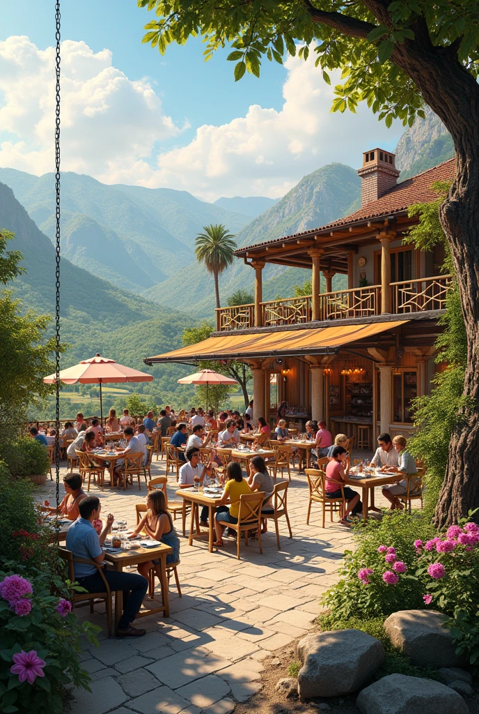 A restaurant with outdoor view hill site with outdoor funs like swings