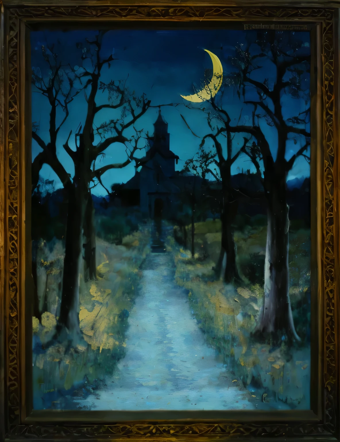 An masterpiece oil painting, high detail, palette knife thick brushstrokes, of a dark dense forest, bare tree. barren tree, leaves, pathway into a castle, dark blue skies, yellow hay field grass, crescent moon in the sky