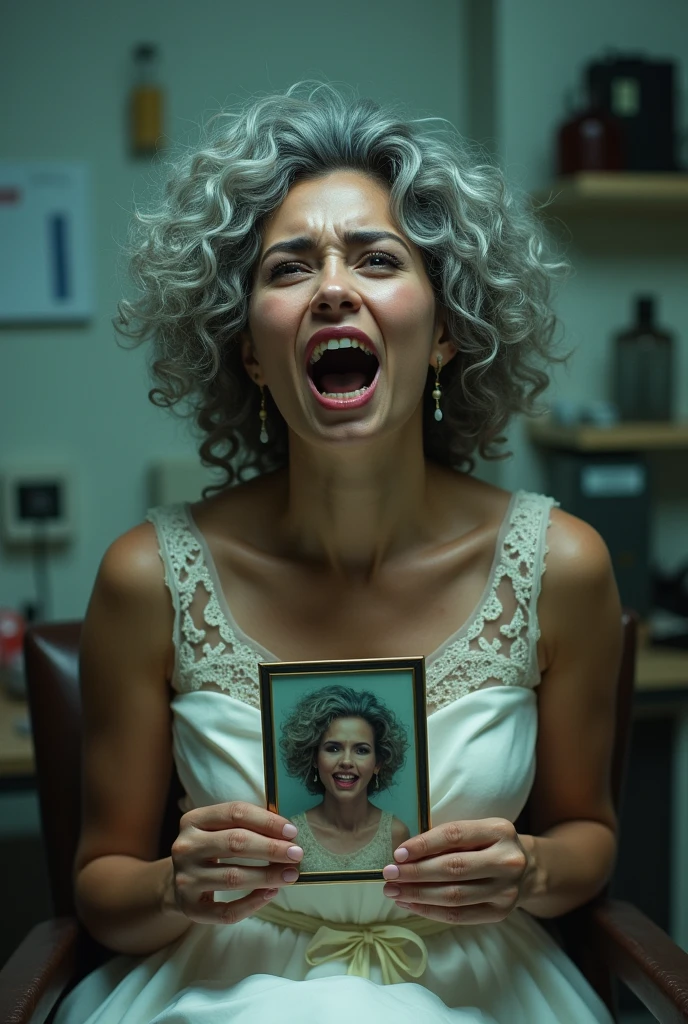 A beautiful youthful looking her hair graying but still very sexy gray haired Filipino woman wearing a wedding dress now a prisoner of a evil scientist the male evil scientist her hair graying her long hair now graying she has a curly hair hairstyles hairstyle and she is aging because the male evil scientist standing next to her is given her a injection that is aging her up she looks like she is in pain and she screaming in pain and she is in a lab tied up to a chair she is holding a photo of a younger version of herself wearing the same wedding dress