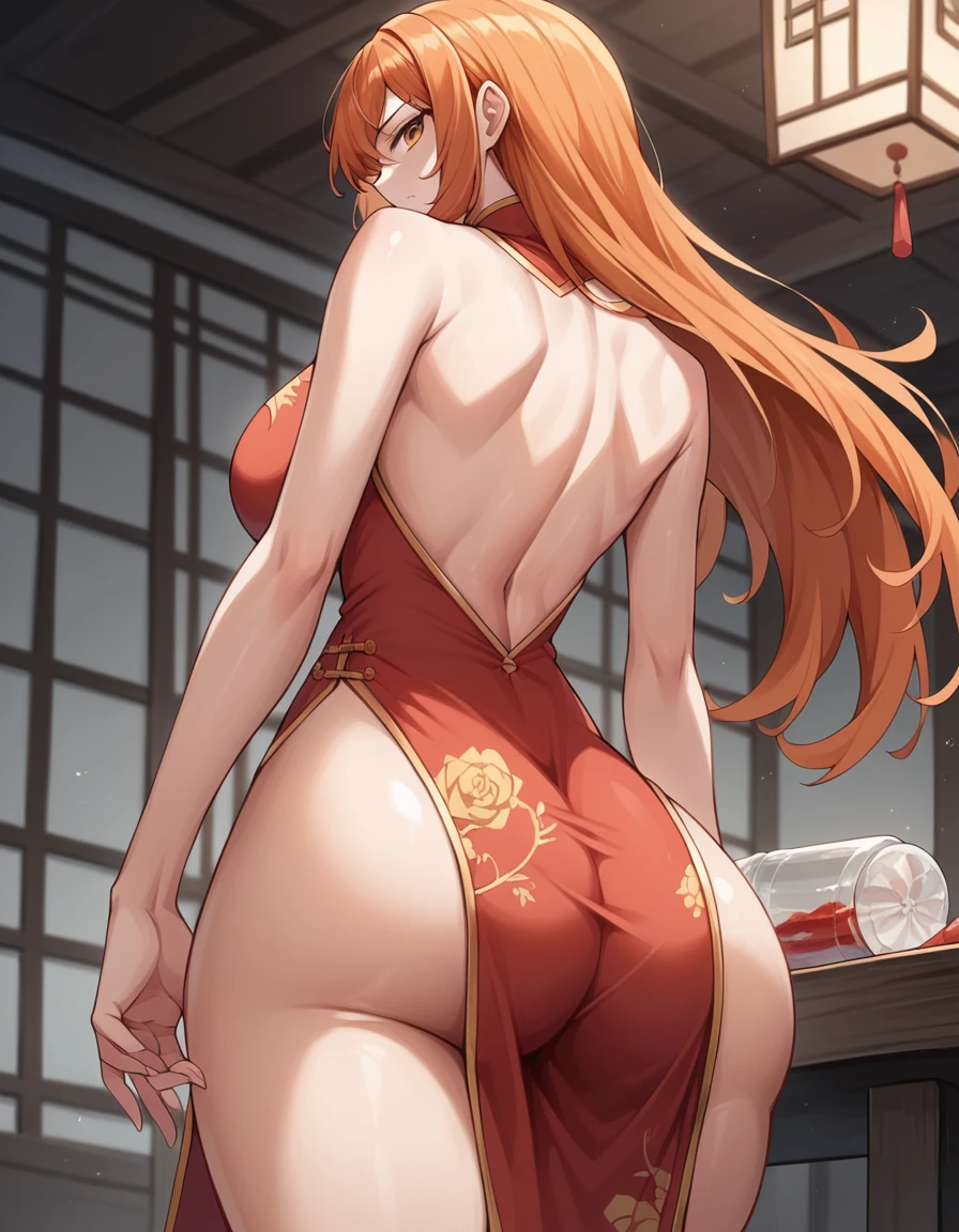 score_9, score_8_superior, score_7_superior, sauce_anime, Highest quality, we, Orange Hair, Long Hair, Large Breasts, Perfect body, China dress, looking back over the shoulder:1.5, Red clothes, indoor, Are standing, From behind, Big Ass, Low - Angle, back of head