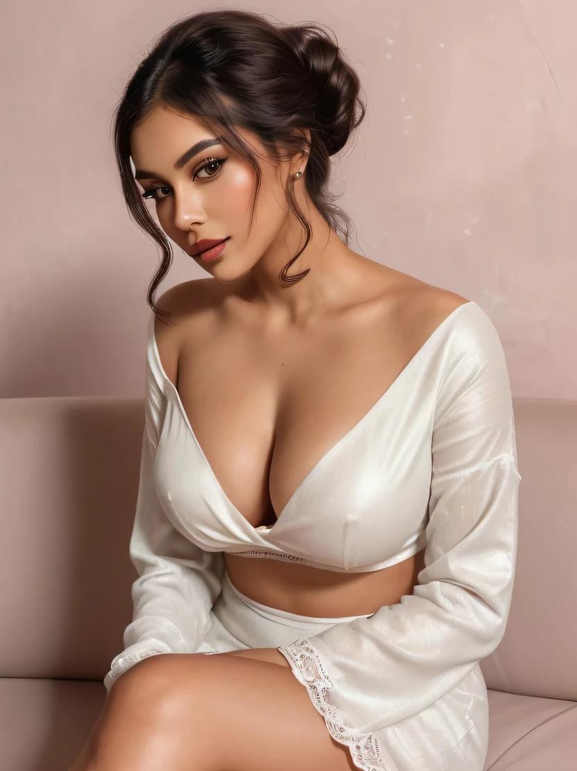 Create an ultra-realistic image of a modern, attractive female influencer of Indian descent, aged between 27 to 30. She should have a warm and inviting smile, expressive almond-shaped eyes with a slight shimmer, and clear, glowing skin with a medium brown complexion. Her features should be well-defined, with high cheekbones and a sharp jawline. Her hair should be long, thick, and styled in a classic chignon with delicate pearl hairpins, with a deep, reddish-purple hue that’s bold yet sophisticated. She should have a slender yet athletic build with gigantic breasts (plump: 1.3) (((Create a close-up image of a young woman sitting confidently, emphasizing her upper body. She is wearing a fitted, long-sleeved, white top with a deep V-neckline that is trimmed with delicate lace. The neckline reveals a well-defined and full cleavage, with the fabric of the top hugging her curves closely, enhancing her figure. Her skin is smooth and glowing under the soft, natural lighting, which highlights the contours of her body and adds warmth to her appearance. Her hair is styled neatly, framing her face, and her expression is calm and poised. The background features a soft, pastel-colored wall and a contrasting dark sofa, creating a cozy, inviting atmosphere that draws focus to her elegant pose.))))