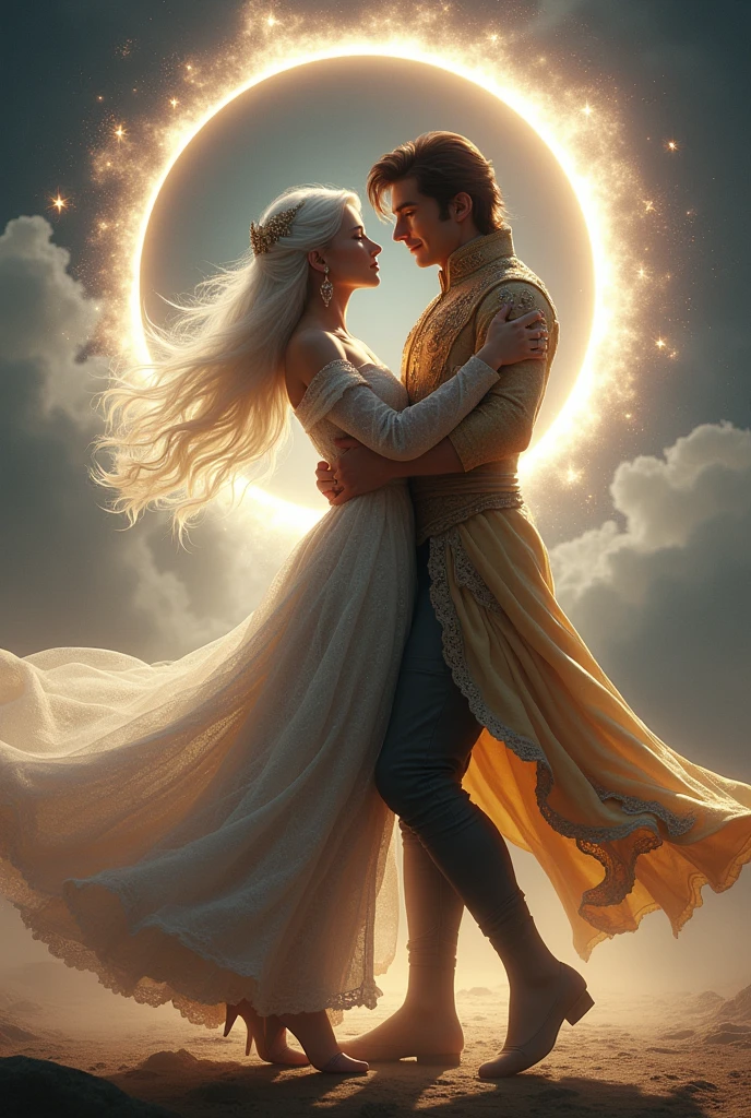 draw, young princess white long hair and silver dress tons of grey, young prince brown hair golden clothes, dancing, eclipse solar