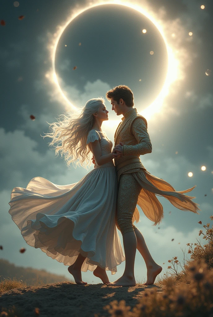 draw, young princess white long hair and silver dress tons of grey, young prince brown hair golden clothes, dancing, eclipse solar
