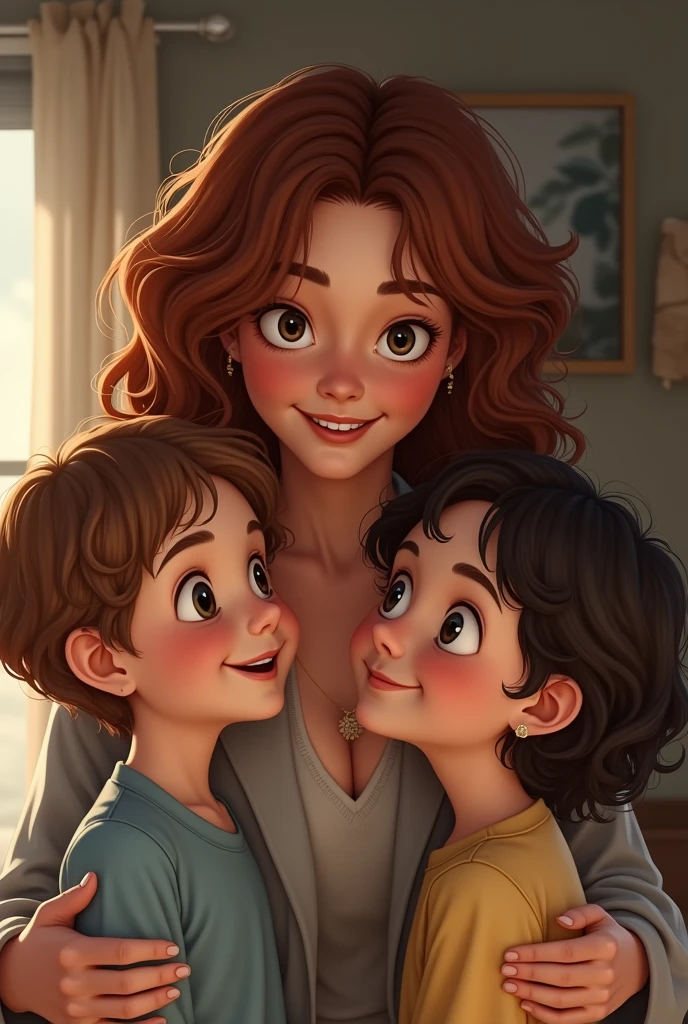 Mother with curly hair, fair skin and 1 son aged 5 and a daughter aged 11