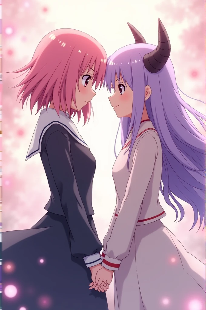 Can you create me an image of Yuno from the anime Mirai Nikki next to Lucy from Elfen Lied, both are holding hands, anime style