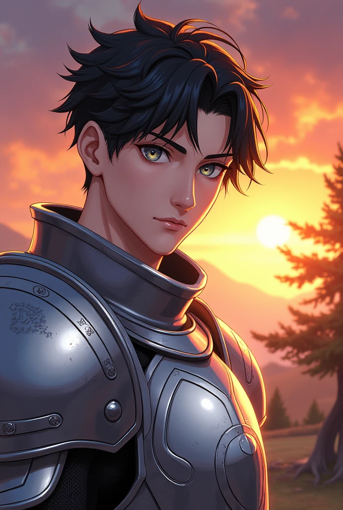 (Anime.1:2) Handsome young man with silver armor and undercut black hair and silver eyes. Background is Clive, sunset, tree. Potrait