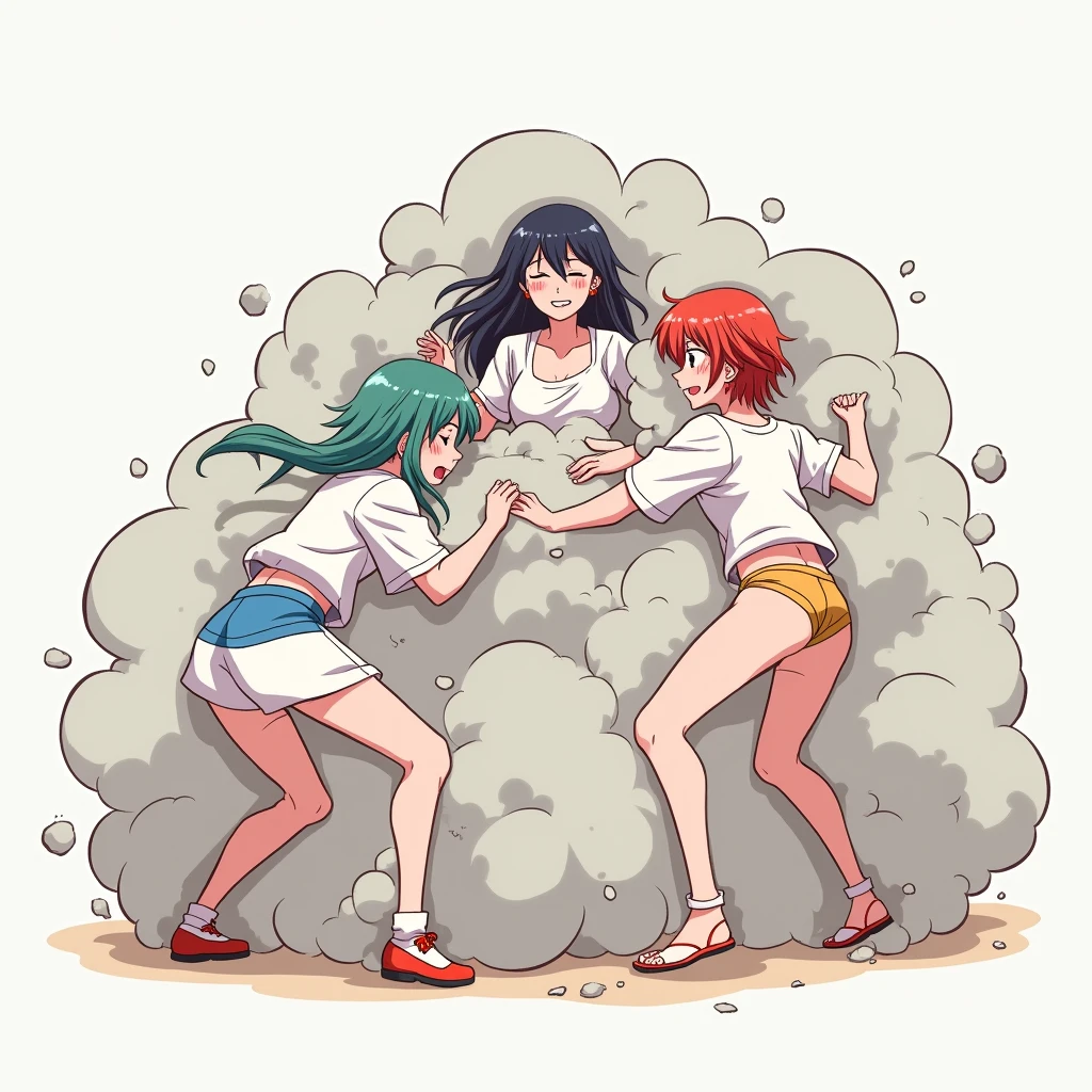 An anime-style illustration depicting many ladies playfully wrestling with each other inside a light gray comical fight cloud (dust cloud).
each lady has different  colored hair.
their faces,hands,and feet are visible emerging from the cloud as they tussle humorously,  with the rest of their bodies completely hidden inside the cloud.
the illustration emphasizes the humorous and energetic nature of their scuffle,with a fluffy  andexaggerated fight cloud.