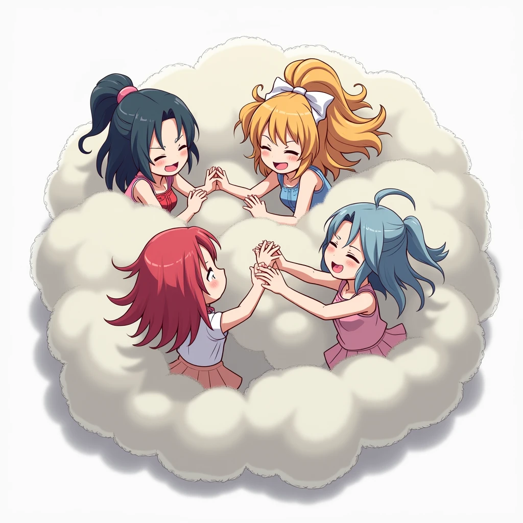 An anime-style illustration depicting many ladies playfully wrestling with each other inside a light gray comical fight cloud (dust cloud).
each lady has different colored hair.
their faces,hands,and feet are visible emerging from the cloud as they tussle humorously, with the rest of their bodies completely hidden inside the cloud.
the illustration emphasizes the humorous and energetic nature of their scuffle,with a fluffy andexaggerated fight cloud.