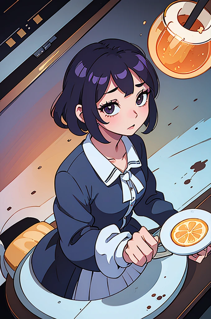 cartoon of a girl with a plate of cocktail, Wearing uniform, lofi girl, ( bartender ) girl, Wearing uniformいる, Mr.々A pose, emo girldrinking cocktails, the anime is standing, One character's whole body, bartenderのWearing uniformいる, Single character, Carrying a cocktail, soda themed , Full body character ,White background