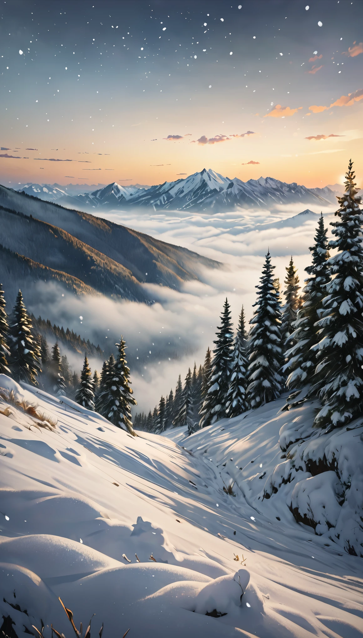 deep snowfall, countless snowflakes falling from the sky, landscape painting with a fantastic view, (ultra detailed, absolutely resolution, best quality:1.3), 2.5D, delicate and dynamic effects, glitter effects, foggy filter effects, artistic, artistic photography, hyper realistic, CG digital art