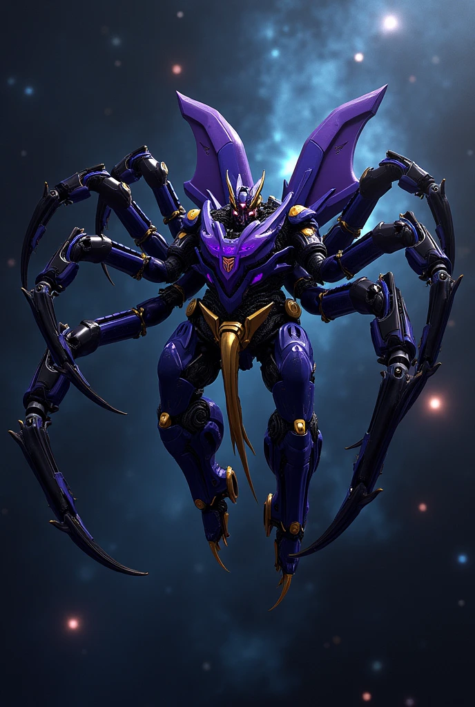 I want an image of a spider-shaped Decepticon with hands on the tips of its legs, Dark blue with the Decepticon symbol on the ????? in violet with Megatron's face, with yellow tentacles coming out of his waist and a golden mechanical tail , and that it has two blue and black varitech mechanical legs, flying through space and stars in the background 