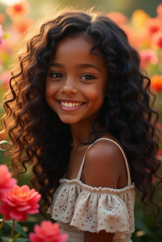 a beautiful young girl with caramel skin, long curly hair, a lovely smile, detailed face, delicate features, elegant pose, magical garden background, colorful flowers, warm lighting, photorealistic, cinematic lighting, highly detailed, 8k, (best quality,4k,8k,highres,masterpiece:1.2),ultra-detailed,(realistic,photorealistic,photo-realistic:1.37),intricate details,vibrant colors,soft ambient lighting,lush foliage,enchanted forest,dreamlike atmosphere