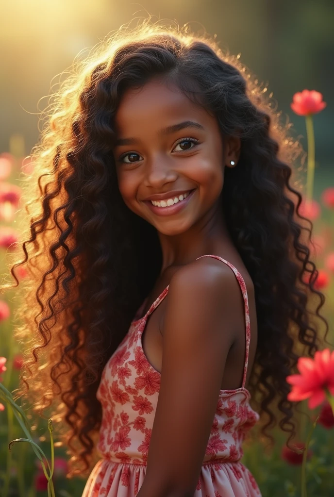a beautiful young girl with caramel skin, long curly hair, a lovely smile, detailed face, delicate features, elegant pose, magical garden background, colorful flowers, warm lighting, photorealistic, cinematic lighting, highly detailed, 8k, (best quality,4k,8k,highres,masterpiece:1.2),ultra-detailed,(realistic,photorealistic,photo-realistic:1.37),intricate details,vibrant colors,soft ambient lighting,lush foliage,enchanted forest,dreamlike atmosphere
