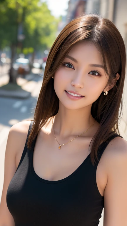 high quality、masterpiece、High resolution、1 female、necklace、gem、Earrings、Beautiful Face、Body Up、Tyndall effect、Realistic、Rim Light、Two-tone lighting、(High resolutionスキン:1.2)、8K UHD、Digital SLR、Soft lighting、high quality、Volumetric lighting、photograph、High resolution、4K、8k、Brown haired woman、Adult、Small eyes、Perfect Mouth、Highly detailed eyes and mouth、Black natural eyes、Pure brown hair color、Lol、Caucasian skin color、White shirt and random color tank top、Hair quality and shine、street、town、road、congestion、Lol顔,Upper teeth0(Black tank top)