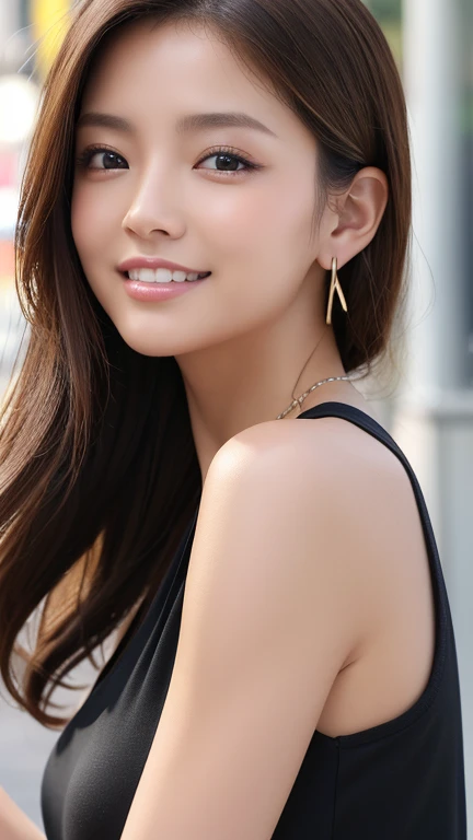 high quality、masterpiece、High resolution、1 female、necklace、gem、Earrings、Beautiful Face、Body Up、Tyndall effect、Realistic、Rim Light、Two-tone lighting、(High resolutionスキン:1.2)、8K UHD、Digital SLR、Soft lighting、high quality、Volumetric lighting、photograph、High resolution、4K、8k、Brown haired woman、Adult、Small eyes、Perfect Mouth、Highly detailed eyes and mouth、Black natural eyes、Pure brown hair color、Lol、Caucasian skin color、White shirt and random color tank top、Hair quality and shine、street、town、road、congestion、Lol顔,Upper teeth0(Black tank top)