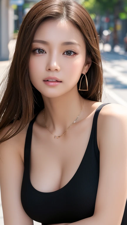  high quality、masterpiece、High resolution、1 female、necklace、gem、Earrings、Beautiful Face、Body Up、Tyndall effect、Realistic、Rim Light、Two-tone lighting、(High resolutionスキン:1.2)、8K  UHD、Digital SLR、Soft lighting、high quality、Volumetric lighting、photograph、High resolution、4K、8k、Brown haired woman、Adult、Small eyes、Perfect Mouth、Highly detailed eyes and mouth、Black natural eyes、Pure brown hair color、Lol、Caucasian skin color、White shirt and random color tank top、Hair quality and shine、street、town、road、congestion、Lol顔，Upper teeth0(Black tank top)
