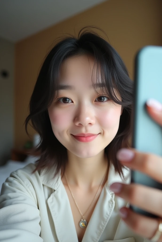 Japanese women、bedroom、Selfie、fair skin、Big Breasts、single eyelid、Year: 35、Moderate、shirt、wedding ring