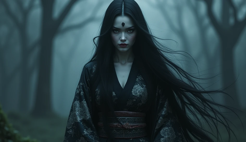dark techno,cyberpunk,「A realistic depiction of a Japanese goddess, 不気味な美しさとAnxious存在感を醸し出す. She is elegant, pale, Perfect skin and long, Flowing black hair that blends in with the surrounding shadows. Her kimono is exquisitely crafted down to the last detail., dark, Calming deep blue and black tones, Delicately decorated, Ominous patterns suggesting a connection to the supernatural. Her eyes are captivating, with a cold, A distant gaze that hints at ancient, mysterious powers. The setting was foggy, Ancient forest or shrine, A place with an oppressive atmosphere and an unknown sensation.. soft, 薄dark光が木々Plug in from between, It casts an eerie shadow around her, almost as if she were alive.. The overall scene is striking yet beautiful., Capturing the essence of a captivating and fearsome goddess, Rooted in Japanese tradition、Anxious, Otherworldly aura.&References;Make the whole body visible, More realistic, With three eyes