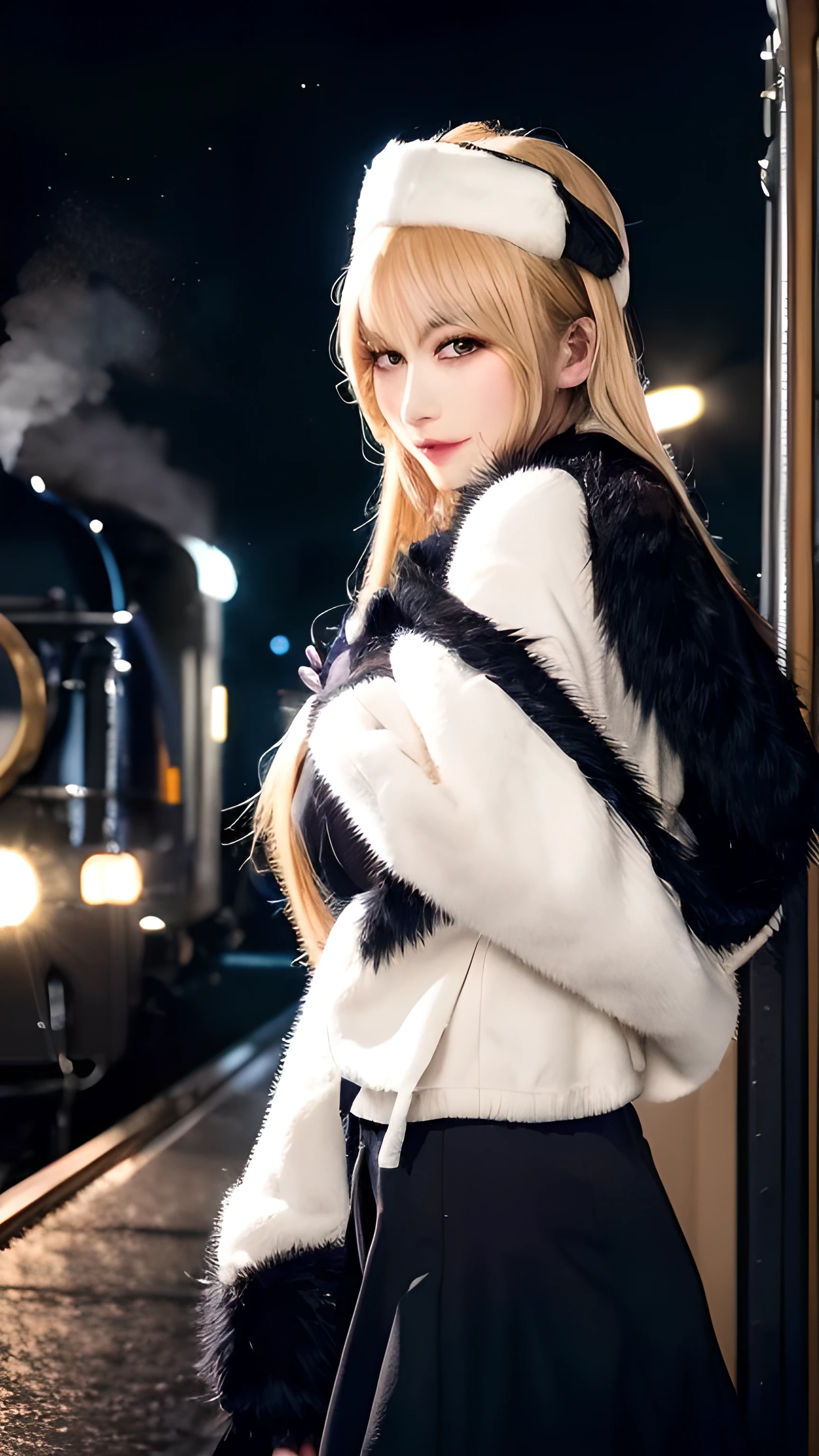 Mettel, Long hair, Blonde Hair,Fur trim, Black headdress, Fur hat, skirt,(Cowboy shooting:1.1), Yellow eyes, (luggage:1.1), steam (TRAIN STATION:1.1),Station platform,  night, galaxy,999 Best Quality, Very detailed, masterpiece, absurd,8K,   (Delicate eyes, Deep eyes),photoPractical, Practical,Delicate skin texture, Detailed student,HDR,
1 female,(Happy:1.1),Smile, (Angular face:1.2),Shiny face,Large Breasts, (Willow Waist:1.1), Lip makeup,Long eyelashes